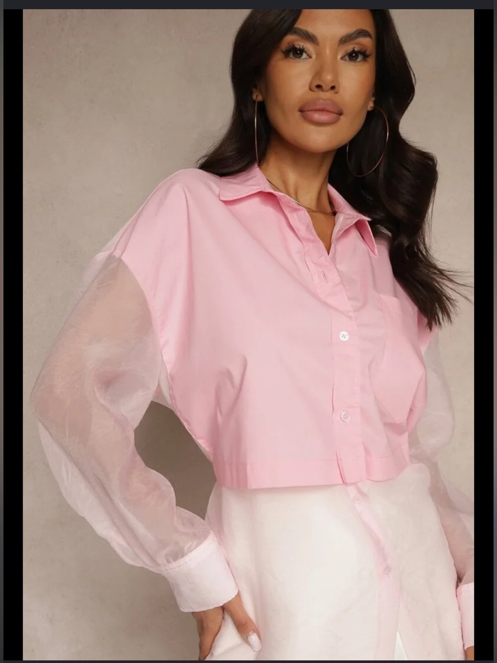 Zara Pink Cropped Button-Down with Sheer Sleeves/ back and back tie